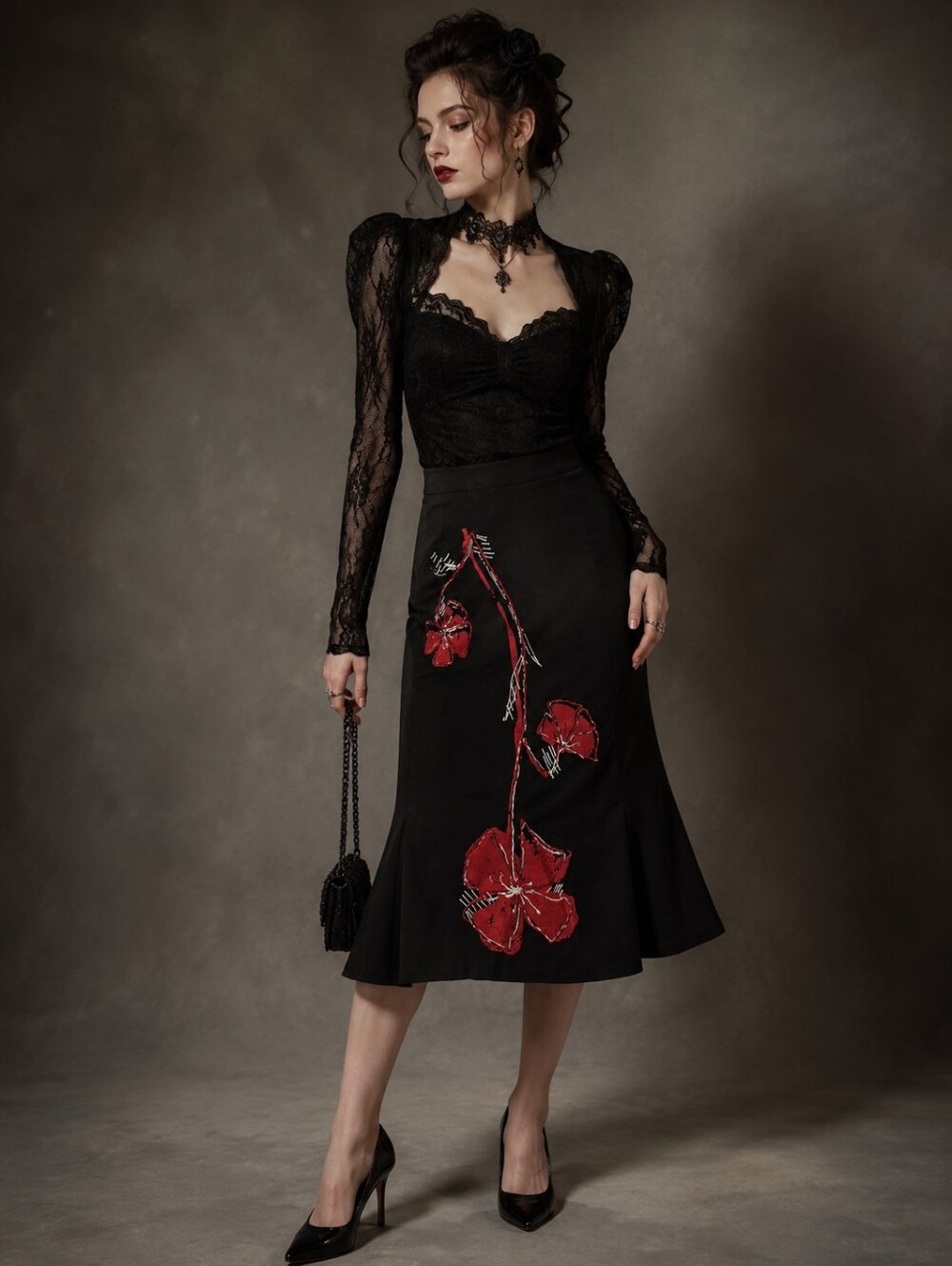 Whimsigoth Black Cotton Romantic Embroidered Abstract Rose Pleated Flare Skirt